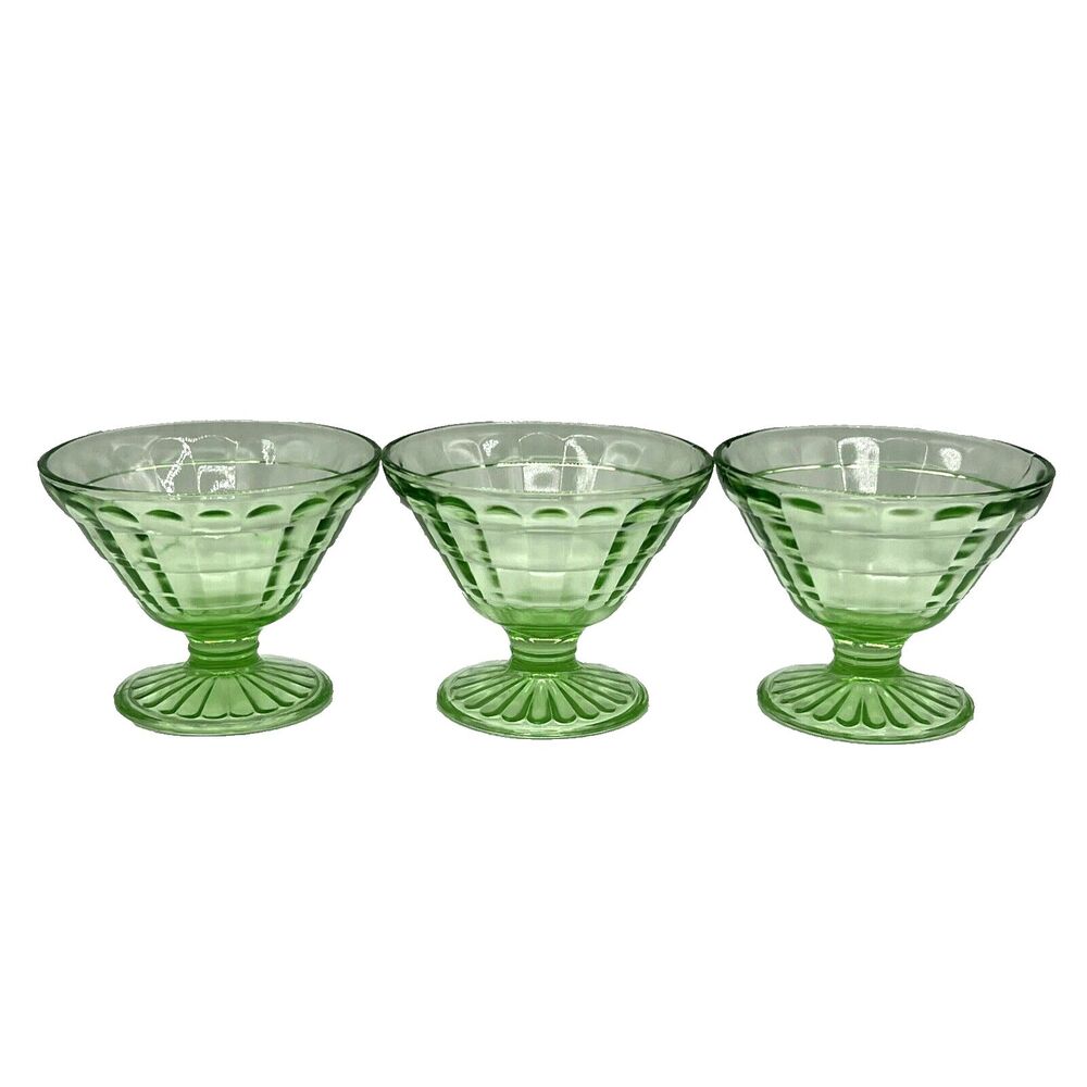 Anchor Hocking Uranium Green Block Optic Sherbet Dessert Cups Vintage Set Of 3